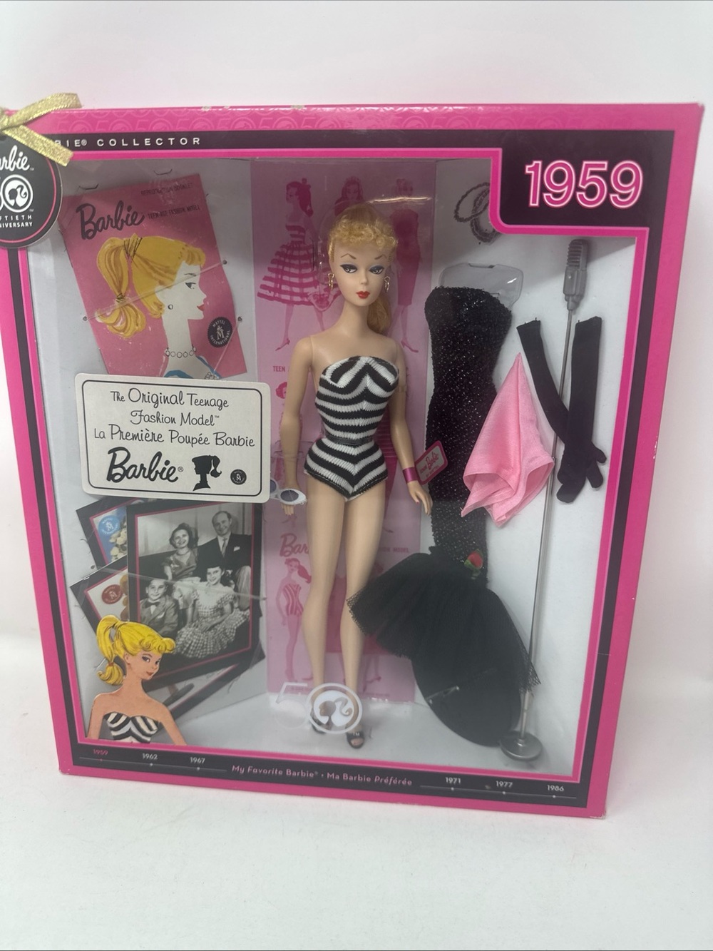 Barbie 1959 Blonde Doll Set – Black, White & Pink Outfit Collection